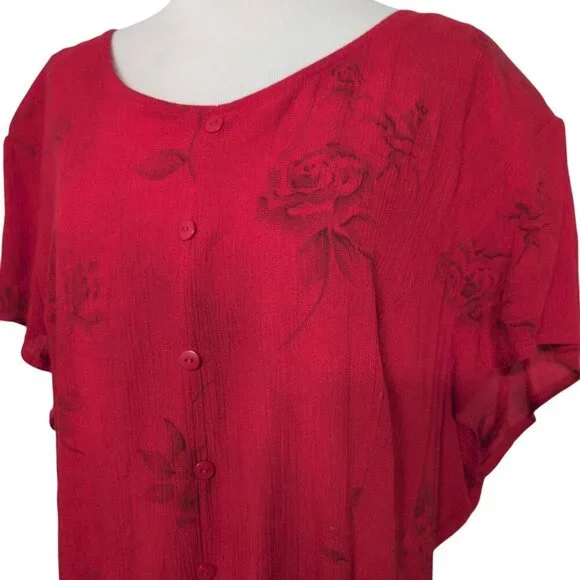 Vintage Sunshine Starshine Floral Rose Maxi Shirt Dress Womens Size 18 Red Rayon - Picture 3 of 11
